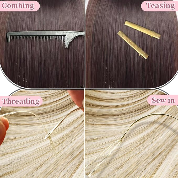 Sew in Hair Extensions Kit, Microlink Tool Kit with 600 Silicone Nano Microbeads, 1 Extension Plier, 3 Rolls of Sewing Thread, 2 Hair Pulling Loops, 10 Crochet Hooks, 4 Clips, 1 Comb, 200 Rubber Bands