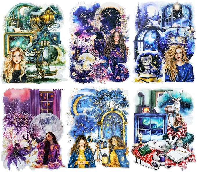 Fantasy Night Dream PET Stickers Set, 180Pcs Mystical Celestial Stickers for Journaling, Scrapbooking, DIY Crafts, Planners, and Collage Art