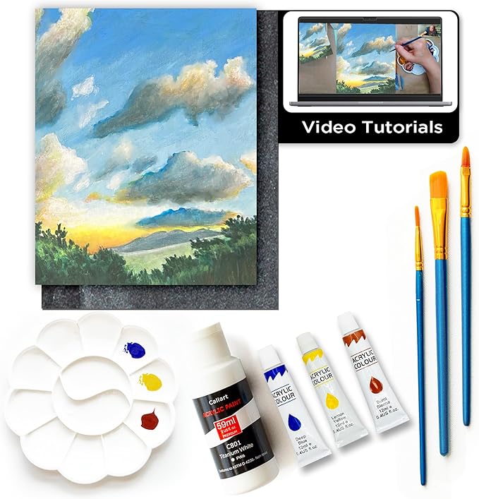 Painting4Real DIY Art Painting Kit for Adults – Learn to Paint Puerto Rico Sunrise with Video Tutorials – 9 Pieces Acrylic Paint Set for Adults – Christmas Crafts & Holiday Gifts for Art Lovers