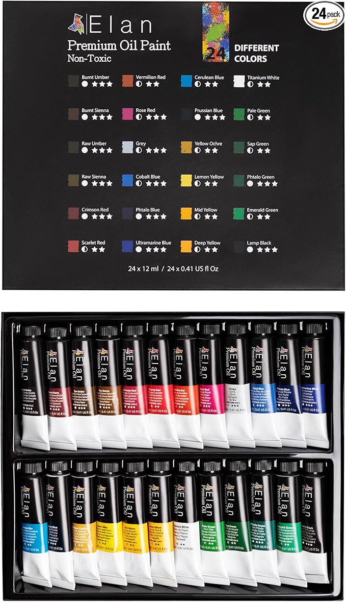 Elan Professional Oil Paint Set, 24 Vibrant Colors Mini Tubes 0.4fl oz, Non-toxic Oil Paints for Canvas Painting, Art Paints for Adults & Artists