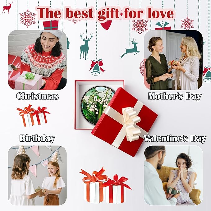Stained Glass Window Hanging - White Green Lily of The Valley Suncatcher for Doors Garden Terrace Plant Sun Catchers Decor Mother's Day Birthday Flowers Gifts for Women Men Mom 7.8 in