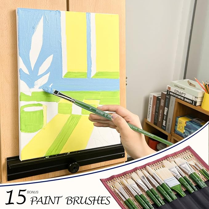 Falling in Art Natural Bristle Professional Paintbrush Set, 15PCS Long Handle Brushes for Acrylic Painting, Oil Paint Brushes of Fan, Round, Flat, Angled, and, Filbert with Storage Pouch, Green