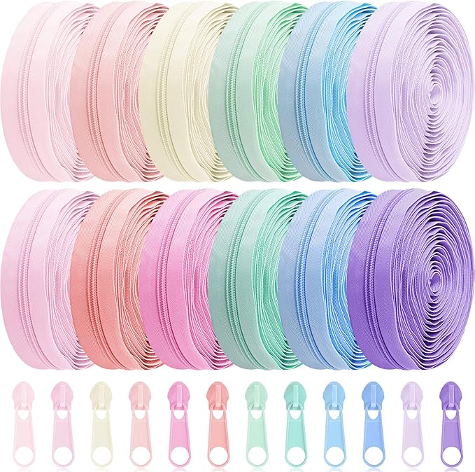 Syhood 36 Yards 12 Pieces #5 Sewing Zippers Tapes Assorted Nylon Lightweight with 120 Plastic Zipper Sliders for Women Men Sewing Supplies(Macaron Color)