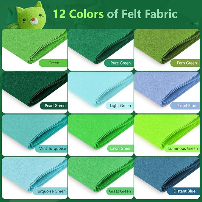Large Stiff Felt Sheets Bundle Felt Fabric Sheets for Crafts 12 Rolls 8"x35" Soft Summer Color 12 Assorted Colors Felt Pack for DIY Craft Sewing Squares Nonwoven Patchwork (Green)
