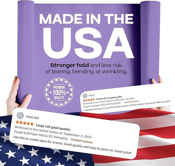 12" x 1200" (100 feet) Purple Kraft Paper Roll, Pack of 4 - USA-Made Quality Craft Paper for Gift Wrapping, Kids Arts & Crafts, School Projects - 100% Recycled Natural, 50lb Thickness by IDL Packaging