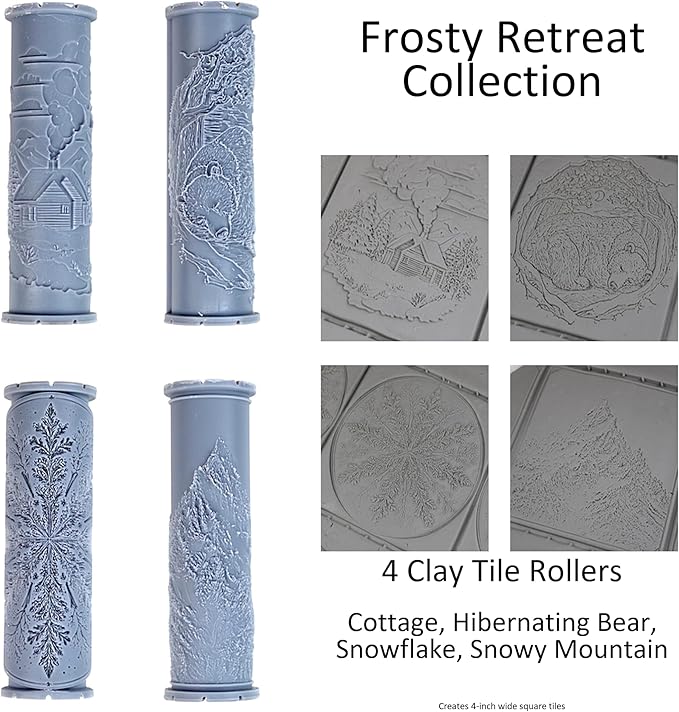 Winter Woods Collection 4-Pack Clay Texture Rollers (4") - Winter Set #01 - Embossing Pattern Rollers for Polymer & Ceramic Clay, Pottery & Crafts