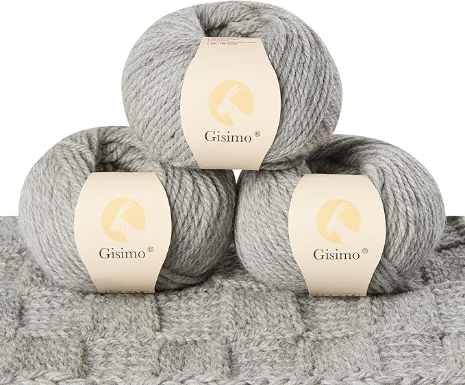 100% Merino Wool Yarn, 3-Ply Luxurious and Soft Yarn for Hand Knitting & Crocheting (Light Gray,3Balls)