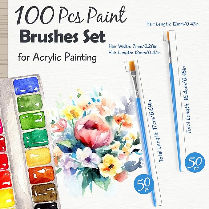 100 Pcs Paint Brushes Set for Acrylic Painting, 50 Pcs Flat and 50 Pcs Round Art Paint Brushes, Painting Brushes for Kids Adults Oil Watercolor Rock Painting Body Face Nail Art