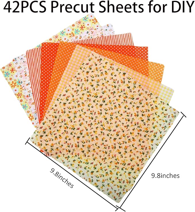 42 Pieces Cotton Fabric Squares for Quilting,9.8 x 9.8 inches, Floral and Pattern Prints, Pre-Cut Bundle for DIY Sewing