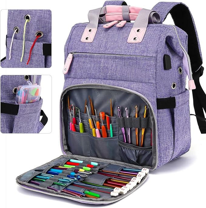 Crochet Backpack,Knitting Bag Backpack Yarn Storage Organizer Travel Crochet Bag with USB Charging Port,Large Yarn Tote Bag Yarn Holder Case