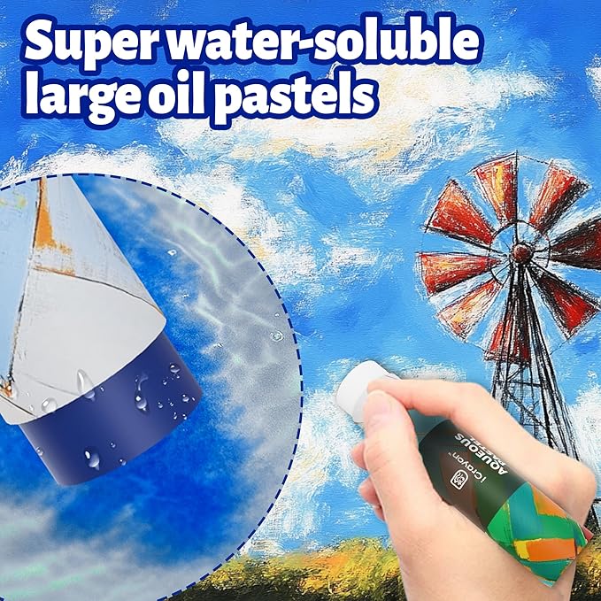 Large Water Soluble Pastels, Upgraded Fully Dissolvable Formula, 6 Basic Colors for Artists & Hobbyists, Ideal for Blending & Watercolor Effects
