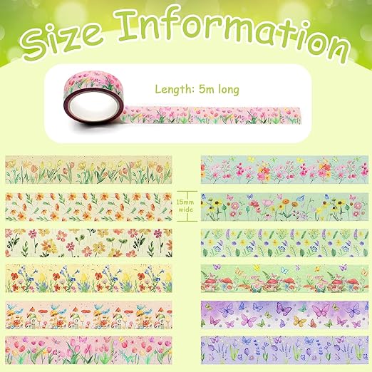 Benvo 12 Rolls Floral Washi Tape 15 mm Wide Flower Masking Tape Decorative Paper Tape for Journals, Scrapbooks,Vision Boards, Planners, Envelope DIY(5m Long Each Roll, 12 Flowers Pattern A)