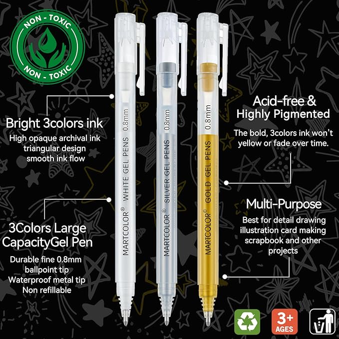 Gold Silver White Gel Pens, 0.8mm Extra Fine Point Opaque Archival Ink Pen for Black Paper Drawing, Art Highlight, Illustration, Bullet Journaling, Card Making & DIY Projects, 3 Pack
