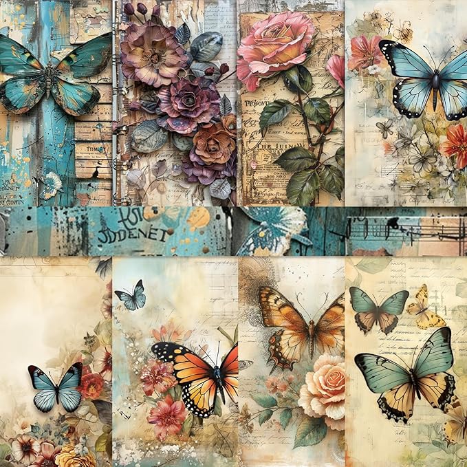 16 Sheets Scrapbook Paper, Vintage Decorative Scrapbook Supplies for Junk Journal Card Making Picture Art Collage DIY 4.1x5.8 inches, Butterfly theme