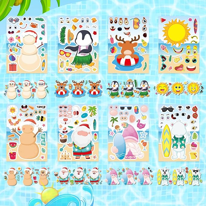 24 PCS Summer Stickers for Kids, July Christmas Make a Face Sticker, Make Your Own Sticker Sheets Chirstmas Santa Claus Hawaiian Tropical Style Stickers for July Party Games Decorations Supplies