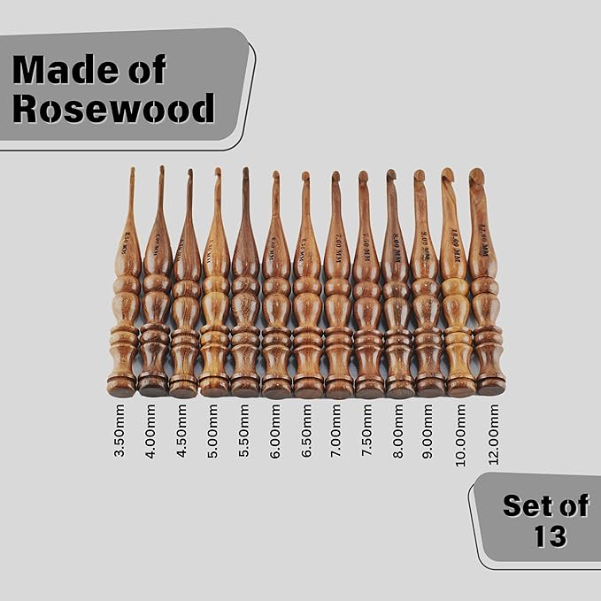 13-Piece Wooden Crochet Hook Set with Stand – Sizes 3.5mm to 12mm, Smooth Bamboo Crochet Hooks for Yarn, Ergonomic Knitting & Crochet Tools for Beginners & Experts