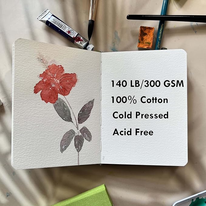 tumuarta Watercolor - Sketchbook, 7.5x5 in, 140 LB, 300GSM, 100% Cotton, Acid Free, Cold Press, 24 Sheets,48 Pages, Watercolor Paper Journal for Use As Travel Notebook and Mixed Media Pad On The Go