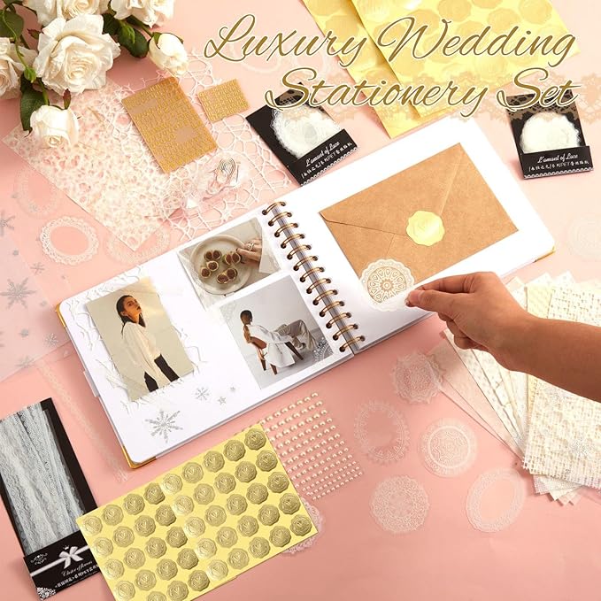 8.5 x 7 Inch Wedding Guest Book Letters to The Bride Scrapbook Wedding Memory Book Bridal DIY Blank Paper Scrapbook Photo Album Guest Sign with Pearl Stickers, Metallic Letters, Bows