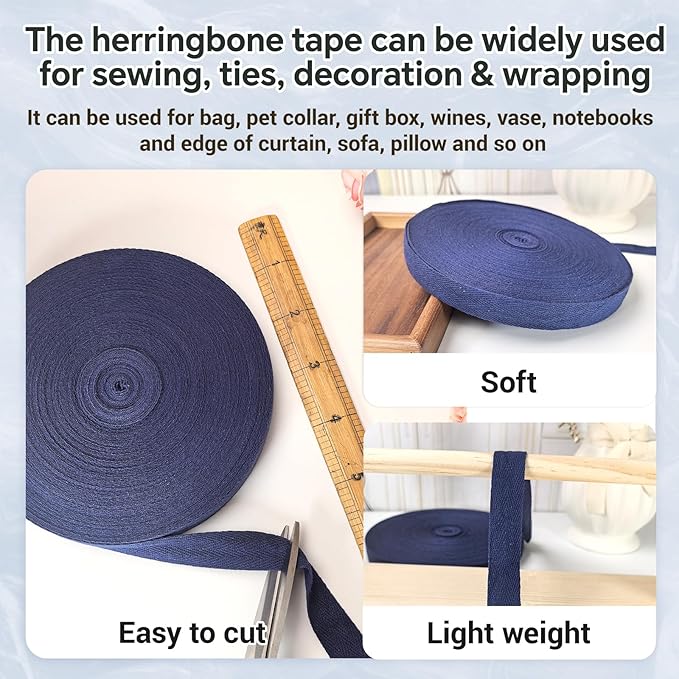 40 Yards Herringbone Twill Tape for Sewing,Pet Collar,Gift Wrapping Home Deco -3/4 inch Navy Blue Cotton Webbing Straps-Natural Bias Binding Tape for Handles, Crafting & DIY Projects