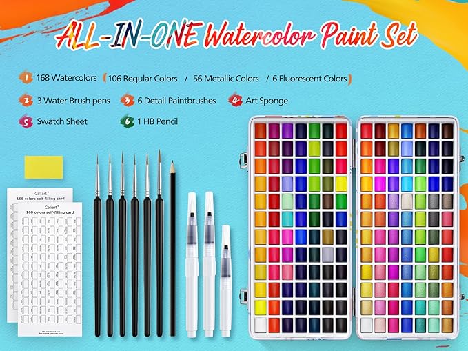 Caliart 168 Colors Watercolor Paint Set, Portable Water Color Palette Kit with Detail Paint Brush, Art Supplies for Painting Coloring, Drawing Gifts for Artists Adults Professional Beginners