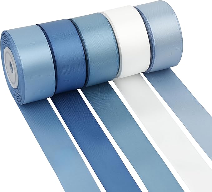 Dusty Blue Ribbon 1 Inch Satin Ribbon 5 Rolls Assortment French Blue Ribbon for Wedding Silk Antique Blue Ribbon for Baby Shower Ribbon for Gift Wrapping Hair Bows Crafts Bouquet - 50Yards