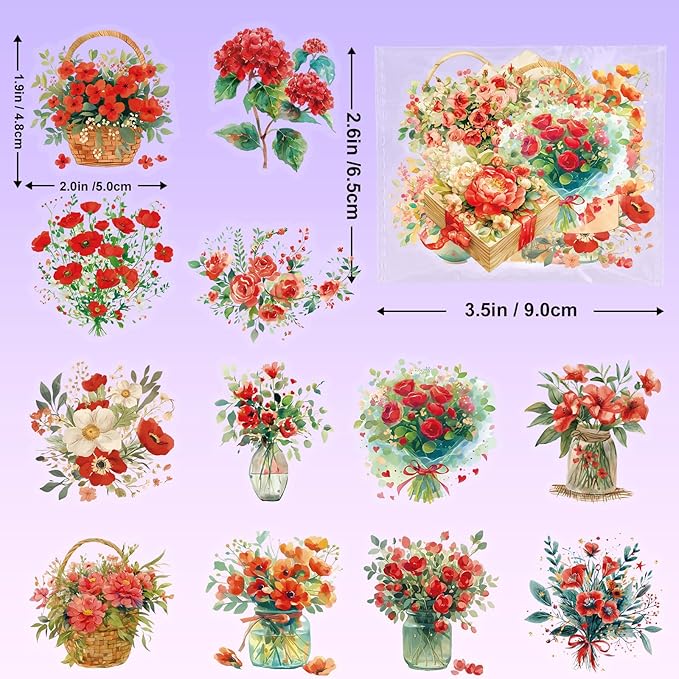 50pcs Red Flower Stickers for Scrapbooking - Waterproof Clear Floral Botanical Sticker for Journaling, Crafts, Art Projects, Glass Potion Bottles