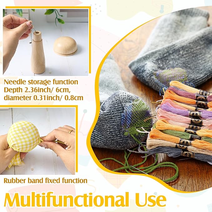 Jexine Darning Mushroom for Socks Wooden Darning Supplies with Large Eye Needles Sewing Threads for Socks Clothes Adults Darner DIY Craft Home Sewing Care (Multiple Color)
