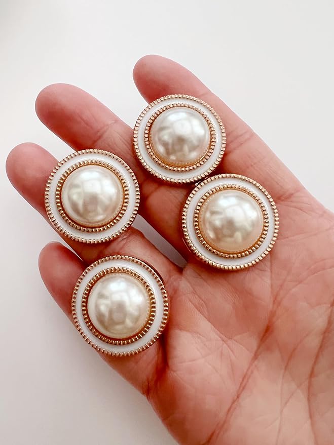 PEPPERLONELY 10PC Faux Pearl Metal Buttons for Clothing, Jeans, Crafts, Pants, Blazer, Sewing, Jacket, Jewlery Making (Gold/White, 25mm)
