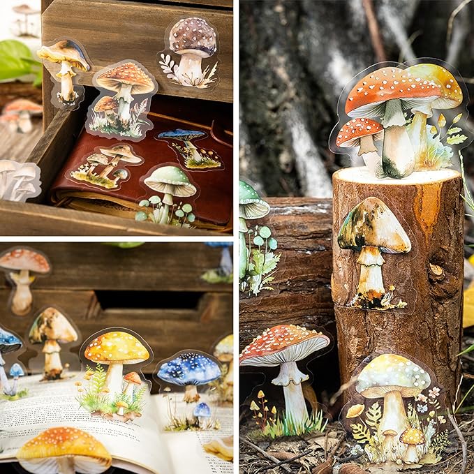 120-Piece Fantasy Mushroom Stickers for Scrapbooking – Vintage Nature Forest Botanical Stickers for Journals, Crafting, Art Projects, Decoration