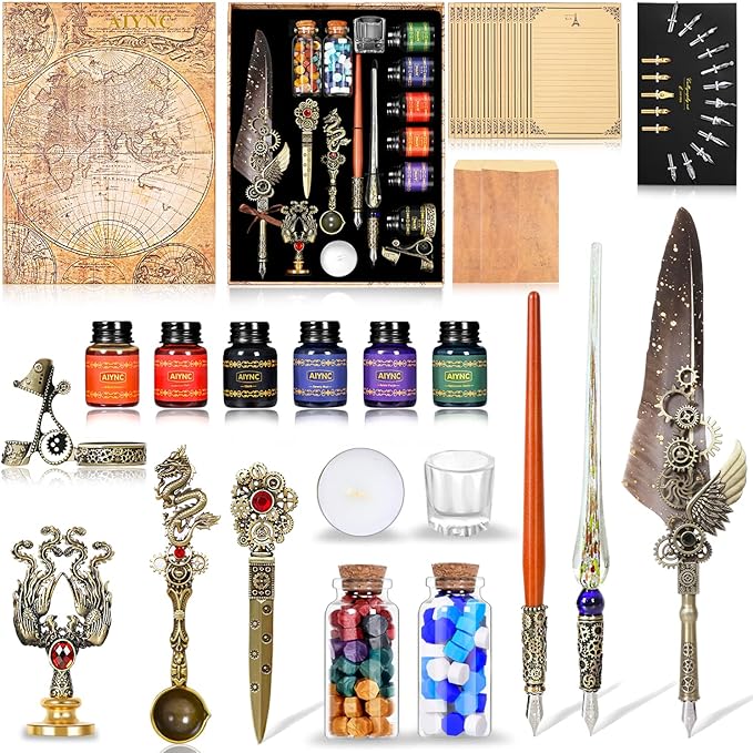 Quill Pen Ink Set, With Quill Pen, Wooden Dip Pen, Glass Dip Pen, 6 Bottles Ink, 16 Letter Paper, 2 Envelopes, 17 Nibs, Pen Holder,2 Bottles Fire Lacquer Wax, Stamp, Spoon, White Wax, Cup(Grey)