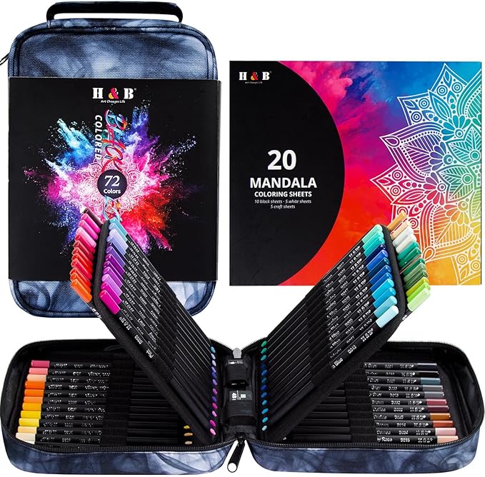 H & B 72-Color Colored Pencils Set with Mandala Coloring Sheets, Eraser, Sharpener - Soft Oil-Based CoresArt Supplies Drawing Kit for Adults, Kids, and Beginners