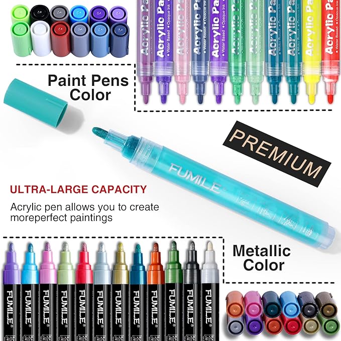 FUMILE Paint Pens paint Markers, 60 Colors Acrylic Paint Marker Pen Set include Metallic Color (12 PCS) and Normal color (48 PCS). Ideal for Rock Wood, Metal, Plastic, Glass, Canvas, Easter egg DIY.