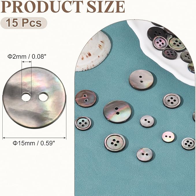 uxcell 15Pcs Natural Shell Button, 2 Hole 15mm Flat Mother of Pearl Buttons for Shirt Coats Suits Jacket Jeans Skirts DIY Sewing Crafts, Black/Silver