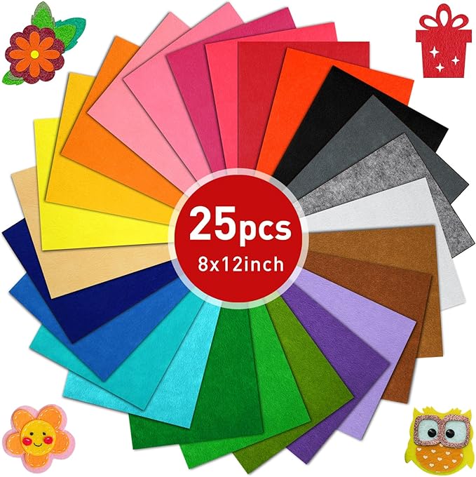 CHRORINE 25 Pcs Assorted Color Felt Fabric Sheets 8" x 12" Soft Felt Fabric Sheet for Crafts DIY Sewing Squares Nonwoven Patchwork (25 Colors)