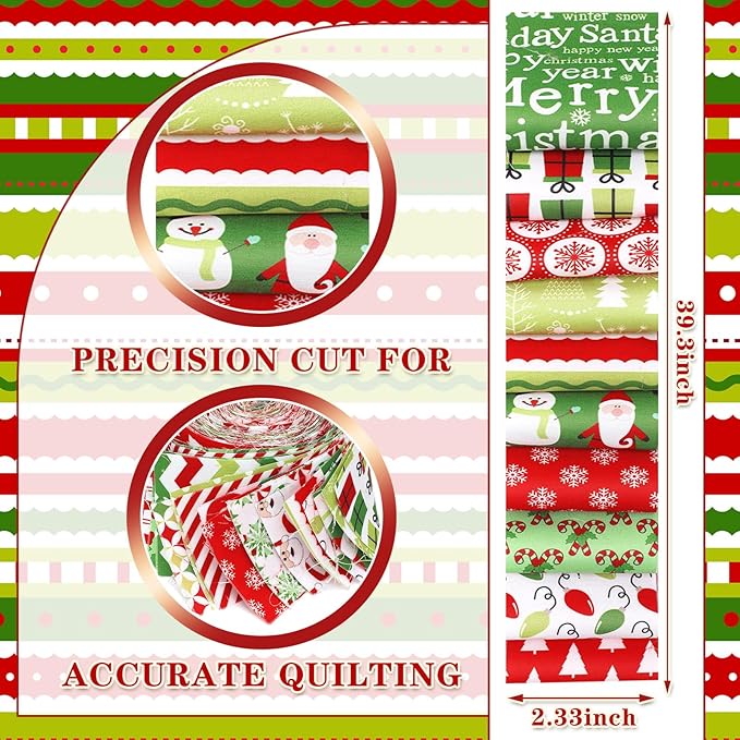 Fanfanwin 40 Pcs Red and Green Christmas Quilting Fabric Roll 2.56 Inch Precut Fabric Squares Jelly Patchwork Snowflake Peppermint Strips Materials for Winter Xmas Holiday Craft Sewing Panels DIY