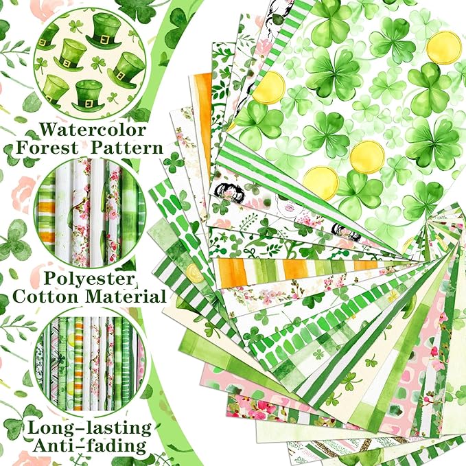 20 Pcs 10''x10'' St. Patrick's Day Quilting Fabric Square Bundle Watercolor Irish Precuts Quiltted Fabric Shamrock Lucky Clover Printed Patchwork Supplies for Patchwork DIY Sewing Craft