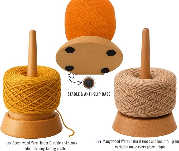 Kraftica Beech Wood Yarn Holder, Tangle-Free Yarn Spinner for Knitting & Crochet with Smooth-Rotation Bearing, Heavy Base, Two Spindles & Anti-Slip Rubber Feet, 22 lb Capacity for Chunky Yarn.
