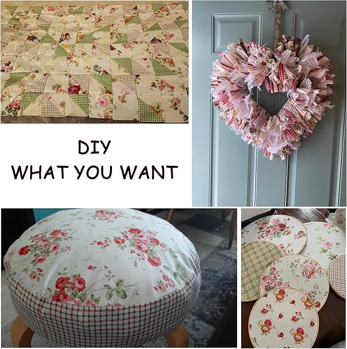 Hanjunzhao 14 Pcs Plaid Vintage Floral Print Fabric Fat Quarters Bundles 18 x 22 Inch Rose Flowers Sewing Fabrics for Quilting - Holiday DIY Craft Party Decor -Vintage Floral