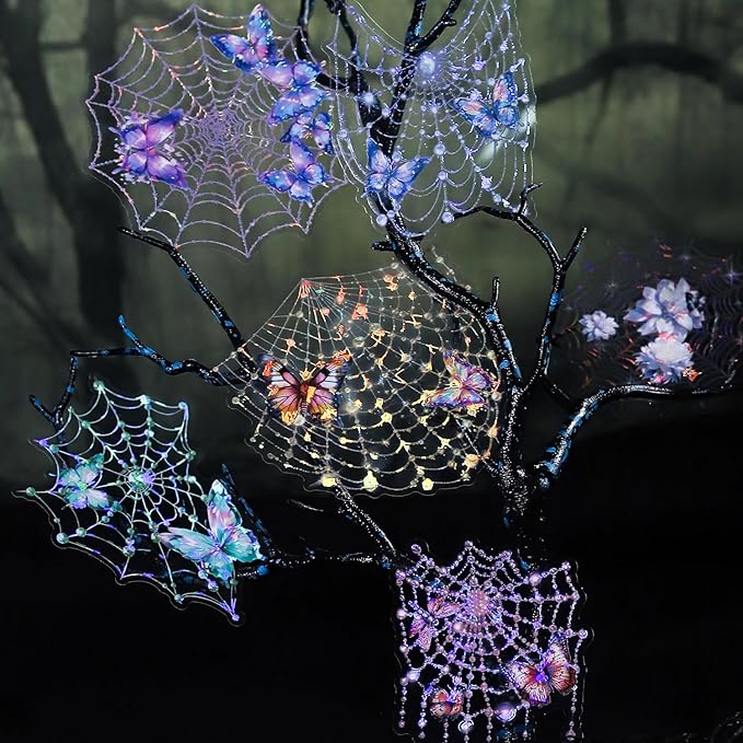 40 Pcs Large Holographic Spider Web Stickers – Transparent Waterproof Scrapbooking Stickers for Journaling,Resin Art,DIY Crafts,Junk Journals,Halloween Decorations