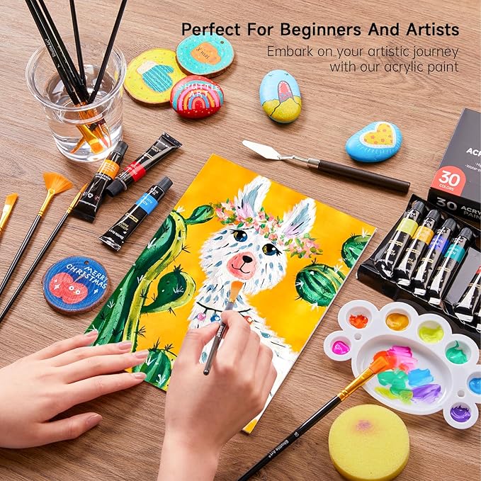 Shuttle Art 46 Pack Acrylic Paint Set, 30 Colors Acrylic Paint with 10 Brushes 3 Canvas 1 Knife Palette Sponge, Complete Painting Set for Kids, Adults, Beginners, Painting Wood, Ceramic