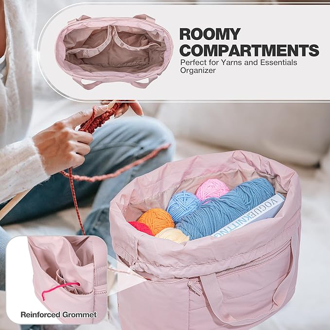 Teamoy Large Knitting Bag Tote, Puffer Yarn Storage Bag, Drawstring Crochet Bag Organizer for Yarn Skeins and Crocheting Supplies, Pink