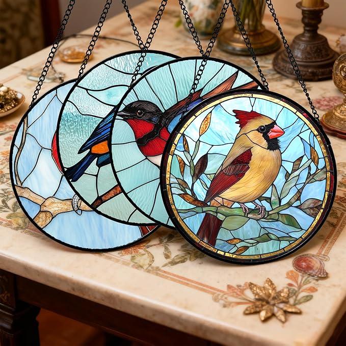 Stained Glass Window Hanging 4 Pcs Set Cardinal Blue Birds 9.8" - Suncatcher Door Garden Sun Catcher Decor Birthday Mother's Day for Bird Lovers Men Woman Nana Friend