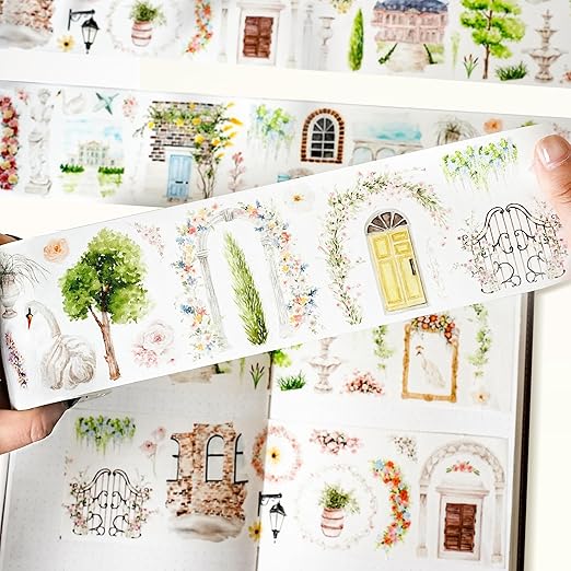 WT Pre-Cut French Courtyard Wide PET Tape, Single Roll, Romantic European Courtyard Style with Floral Designs, Transparent Decorative Tape for Journaling, Scrapbooking, Planner, DIY Crafts