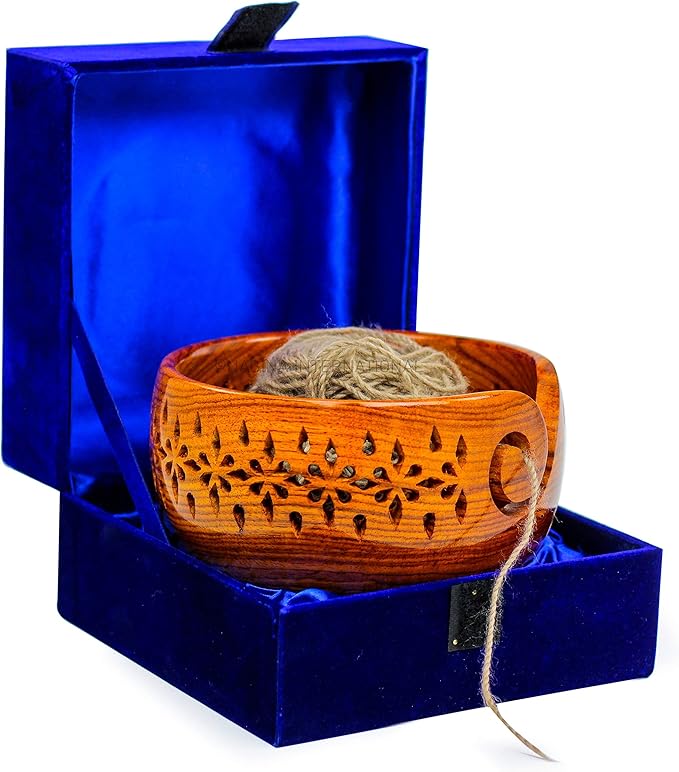 Nagina International Rosewood Crafted Wooden Yarn Storage Bowl With Carved Holes & Drills | Knitting Crochet Accessories (Large)