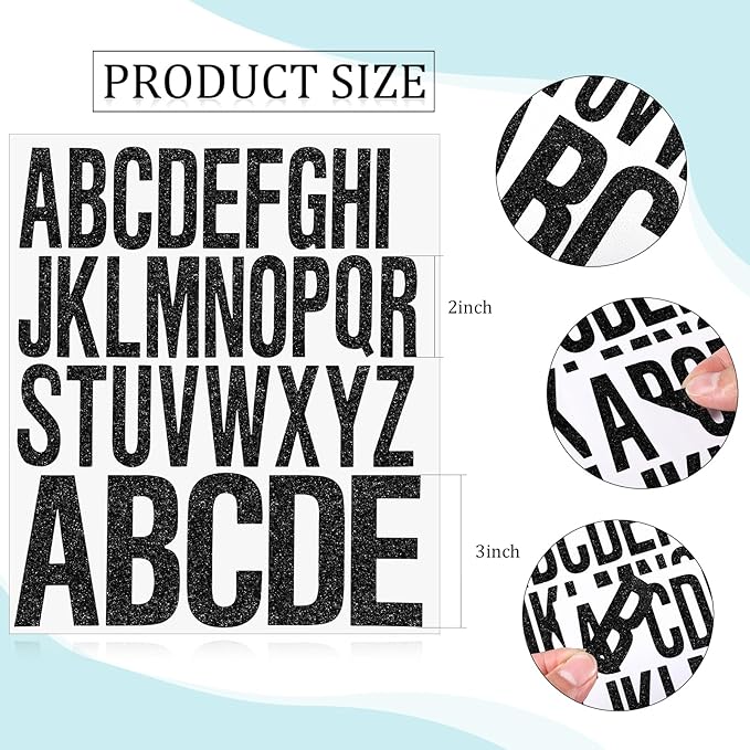 8 Sheet Glitter Letter Stickers Vinyl Alphabet Stickers Waterproof Self Adhesive Stick on Letters for Poster Bulletin Board Mailbox School Classrooms Decor(2 Inch, 3 Inch,Black)