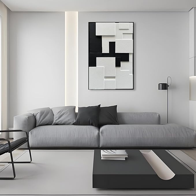 NANKAI Art Hand-Painted Black and White Thick Texture Abstract Art Contemporary Minimalist Art Oil Painting Home Office Wall Decoration Painting 36x24 inches (with Solid Wood Exterior Frame)