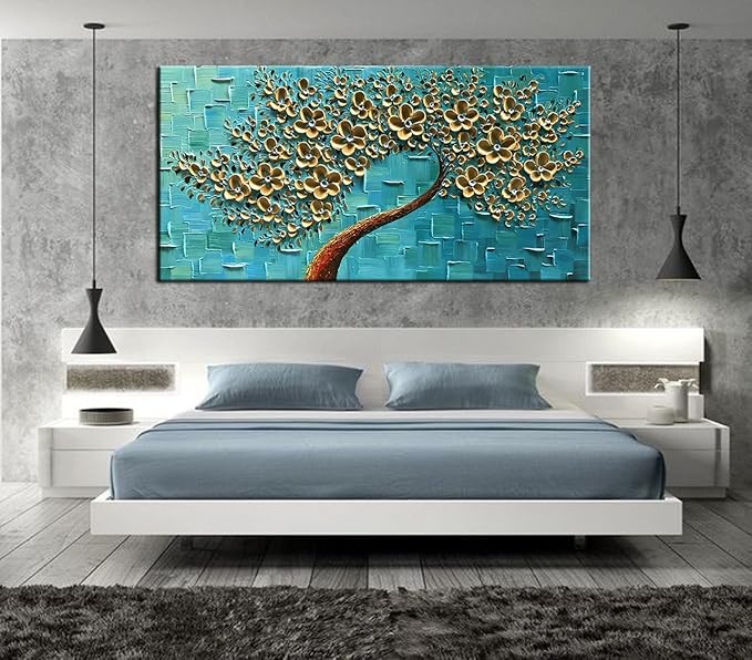 YaSheng Art - Handmade Golden Flowers Artwork Oil Painting On Canvas Texture Palette Knife Abstract Tree Canvas Wall Art Modern Home for Bedroom Living Room Office Wall Decor 24x48inch
