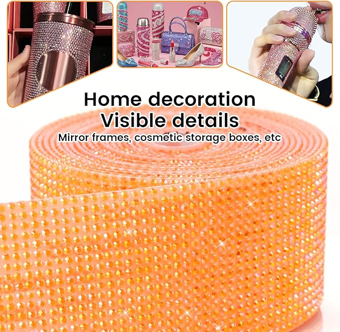 Novani Self Adhesive Rhinestone Ribbon, 1.57 Inch Wide 3 Yards 1 Roll, Orange AB Crystal Diamond Bling Strips for DIY Crafts, Home Decor, Clothing,Shoes, Car Decoration