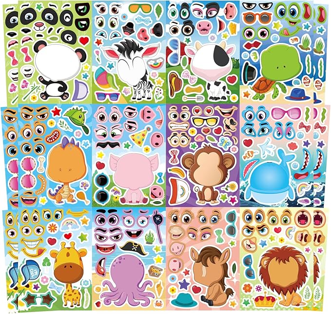 24 PCS Make a Face Stickers for Kids - Make Your Own Stickers Animal Mix and Match Sticker Sheets with Safaris, Sea and Farm Animals for Kids Party Favor Supplies Craft Activities Ages 3+