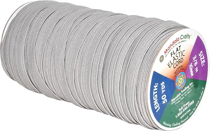 Mandala Crafts 10mm 50 Yds Roll of Gray Elastic Bands for Sewing - 3/8 Flat Elastics Cord - 3 8 Inch Braided Stretch Straps for Crafting